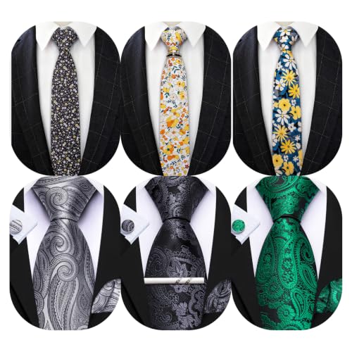 Image of Barry.Wang Men 6PCS Tie Silk Gift Necktie Clip Woven Tie Sets Party