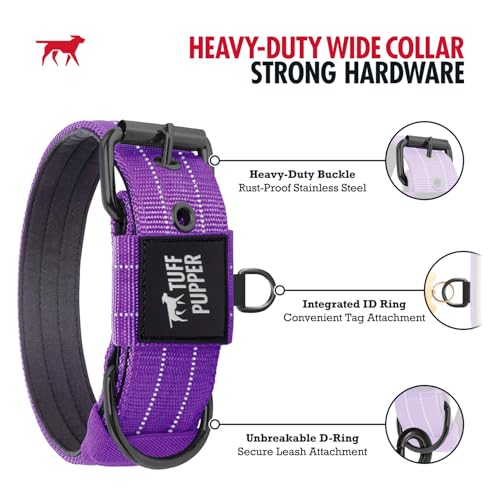 Image of Tuff Pupper Heavy Duty Tactical Dog Collar | 1.25 inch Wide Ballistic Nylon | Reflective Stitching | Integrated ID Tag Holder | Stainless Steel Buckle | Padded Lining | Small & Medium Dogs (Purple, Small)