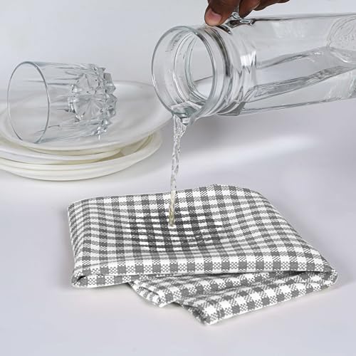 Image of 4 Pack Gingham Check Kitchen Dish Towels 16x26 Inches, Absorbent & Durable, Washable, Hand Tea Towels with Hanging Loop - Ideal for Restaurants & Home Kitchens, Grey White