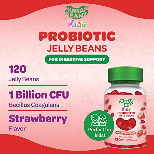 Human Beanz Probiotic Jelly Bean Gummies For Kids, Probiotic Supplements For Digestive Health, Nutritional Vegetarian Supplements, 120 Strawberry Blast Jelly Beans, Kosher #TOP1