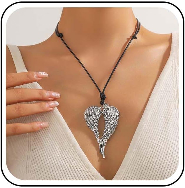 Punk Angel Wing Necklace Angel Wing Pendant Necklace Black Leather Cord Necklace Large Wing Heart Necklace Personalized Angel Necklace Jewelry for Women Men