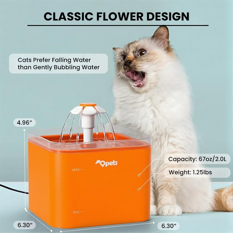 Image of Qpets 2.2L Cat Water Fountain, Auto Pet Dispenser with LED Light, Orange