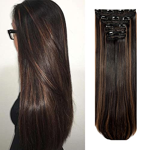 OKHOTY 4PCS 18 inches Long Straight Thick Hair Pieces Clip in on Hair Extensions Synthetic Fiber Double Weft Soft Hair for Women Full Head Dark Brown Mix Light Auburn