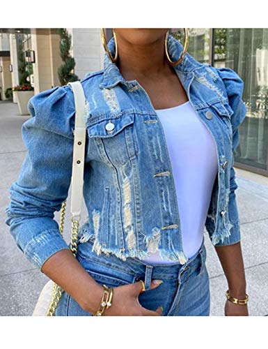 Omoone Women's Ripped Puff Sleeve Denim Crop Top Long-Sleeve Cropped Jean Jacket4