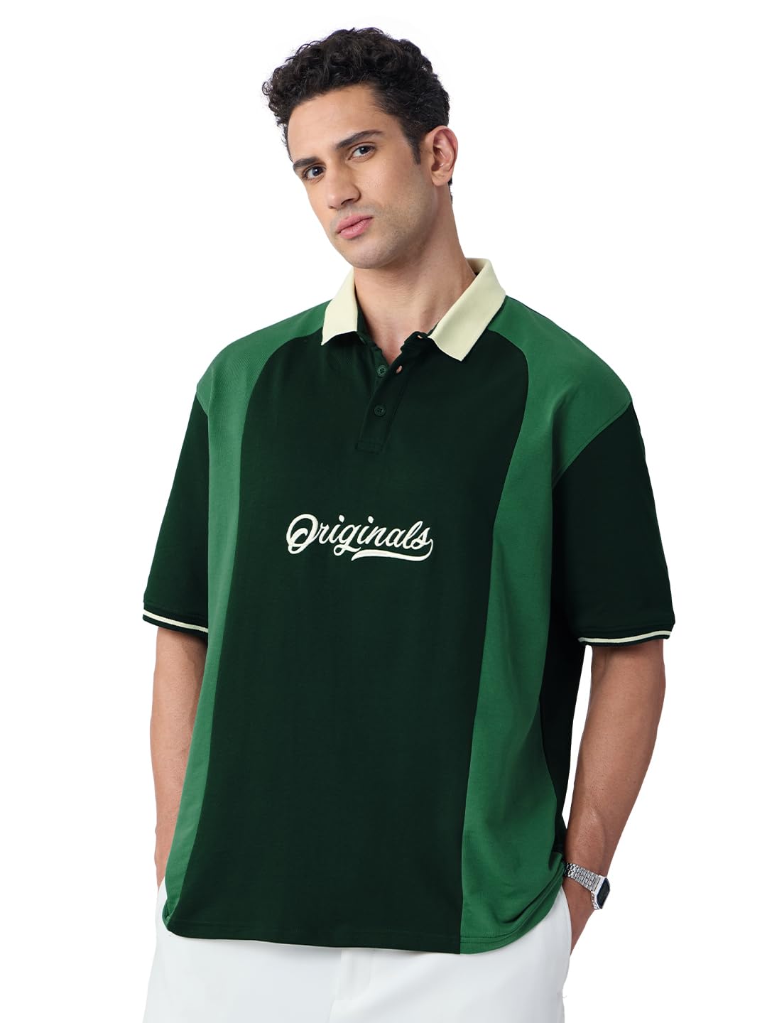 the souled store Originals: Polo Men and Boys Short Sleeves Polo Collar Dark Green Colour-Block Cotton Oversized T-Shirts-picture-45