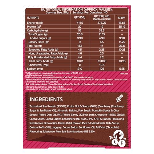 Image of MuscleBlaze Fit High Protein Muesli, Dark Chocolate & Cranberry, 2kg | 22g Protein | With Raisins, Almonds & Super Seeds,High Protein Breakfast Cereals