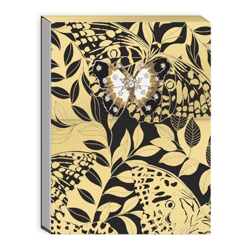 Image of Punch Studio Flip-Top Notepad For Daily Notes or Notes on-the-go, with Magnetic Closure, Brooch Embellishment, Gold-Foil Accents & 75 Illustrated Sheets, 5 inch x 3.75 inch - Black Butterflies (50441)