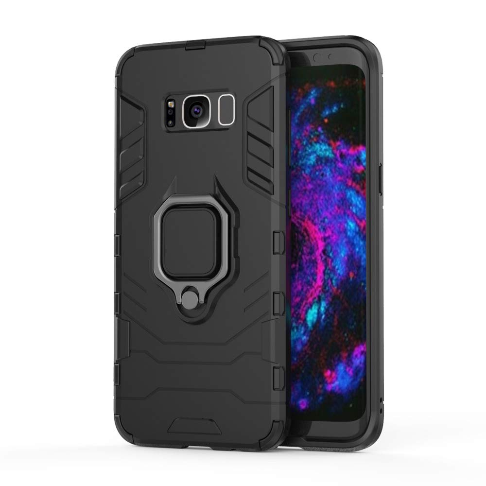 zivite Hybrid Armor Shockproof Soft TPU and Hard PC Back Cover Case with Ring Holder for Samsung Galaxy S8 Plus - Armor Black