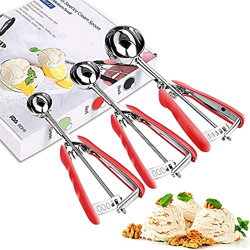 Cookie Scoop Set of 3, Stainless Steel Ice Cream Scoop Include Large-Medium-Small Size- Red