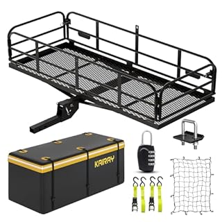 KAIRAY 500 Lbs Heavy Duty Hitch Mount Cargo Carrier 60"x24"x14.4" Folding Rear Luggage Rack Basket Fits 2" Receiver for Car SUV Camping Traveling with Stablizer Waterproof Bag Net Ratchet Straps Lock
