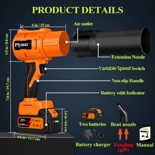Plymax Cordless Leaf Blower, 800,000 RPM Electric Handheld Blower, Leaf Blower Cordless with 2×4.0Ah Batteries & Charger,Snow Blowers with 2-Nozzles for Patio,Lawn Care,Dust,Snow & Car Drying, Orange - image 5