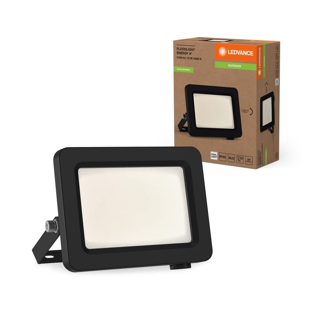 LEDVANCE LED Floodlight with Energy Efficiency Class A, Black Aluminium Housing, 10 W, 1750 Lumens, for Outdoor Applications, Compact Design, Lightweight, Easy Installation, Pack of 8