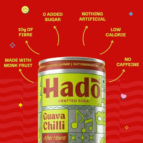Image of Hadō Guava Chilli Crafted Soda, Pack of 4, 250ml Each, Spicy Fizzy Drink with 10g Fibre, 0g Added Sugar, Monk Fruit Sweetened