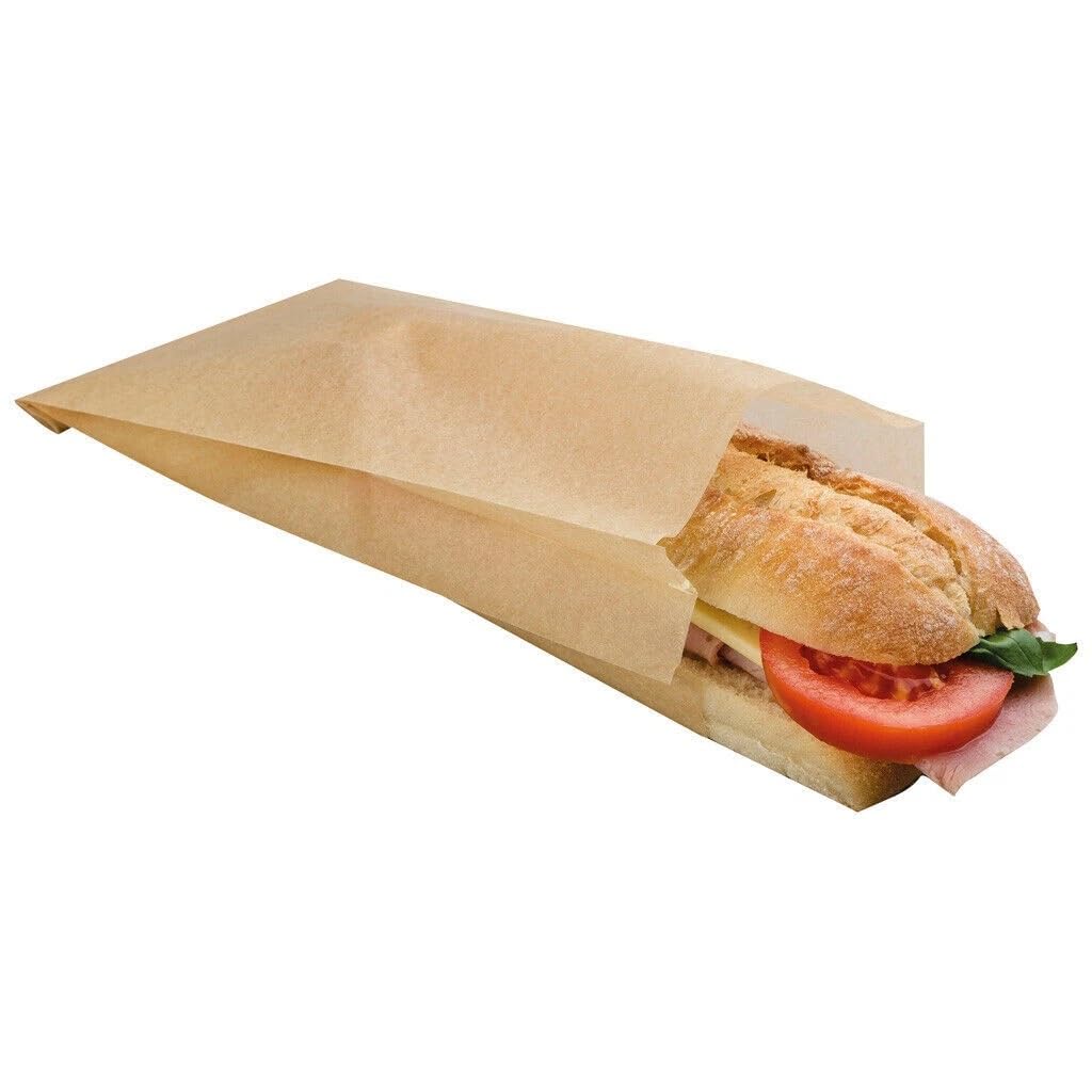 100 x Oven Safe Paper Food Bags Brown Plain L31.5cm for Baguettes Panini Sandwiches Toasties Bag Greaseproof Kraft Takeaway Packaging Lunch Catering Deli Bulk 100 Pack