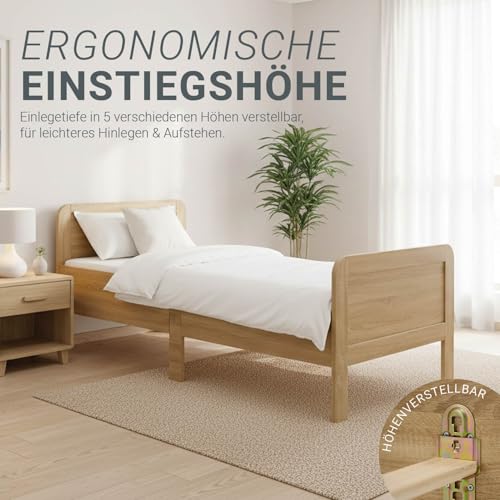 Homestyle4u Komfortbett Bett Senioren Seniorenbett 90x200 Komforthöhe Natur Holz erhöhter Einstieg extra hoch