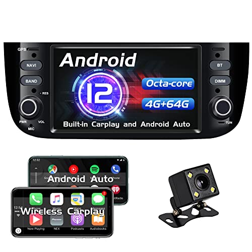 AneQu Autoradio Android pour Fiat Linea Punto 2012-2015 avec Android 12 Octa Core 4 Go de RAM 64 Go de ROM Navigateur GPS de Voiture Simple DIN avec caméra de recul intégrée Carplay Android Auto