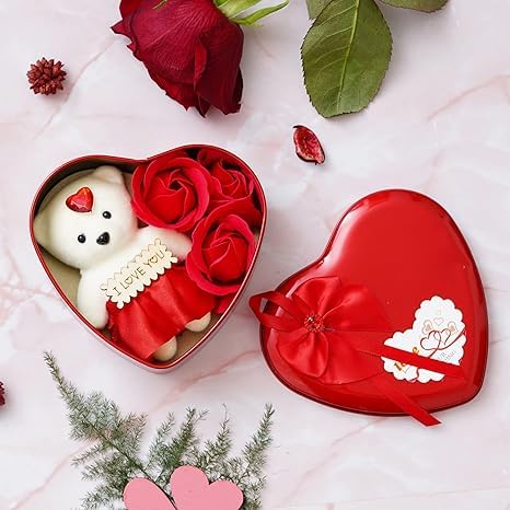 Siyaram Collections Artificial Heart Shape Gift Box and Teddy & Rose (Red, 1 Teddy, 3 Fragrant Rose Bud Petal Soap, 1 Heart Shape Tin Box) (5 Inches) (Metal, Red)-image-4