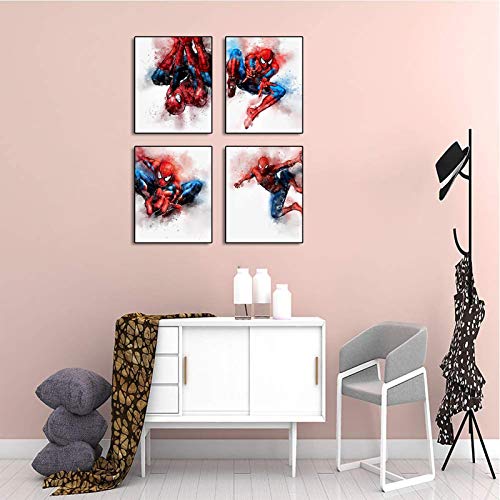 Cartoons Superhero Spiderman Theme Painting Set Of 4 (8”X10” Canvas Picture) Children Kids Boys Birthday Gift Game Room Decor Art Prints Nursery Wall Poster Home Decor Unframed #TOP3