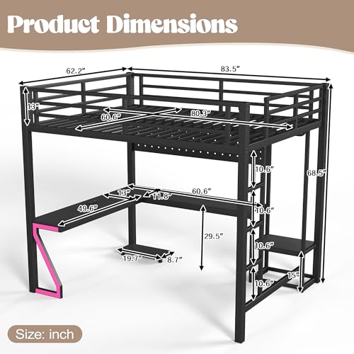 Image of Bellemave Queen Size Loft Bed with Desk and USB Ports, Computer Tray, Peg Board LED, Metal Full Loft Bed Frame for Adults, Kids, Teens, Black