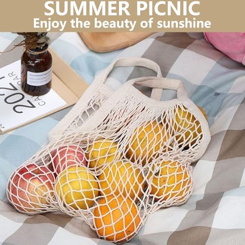 LaresDay 2 Stück Bio-Baumwolle Netzbeutel mit Doppelgriff – Wiederverwendbare Obsttasche & Gemüsenetz | Faltbares Einkaufsnetz mit Langem/Kurzem Griff, Nachhaltig & Robust (Beige)