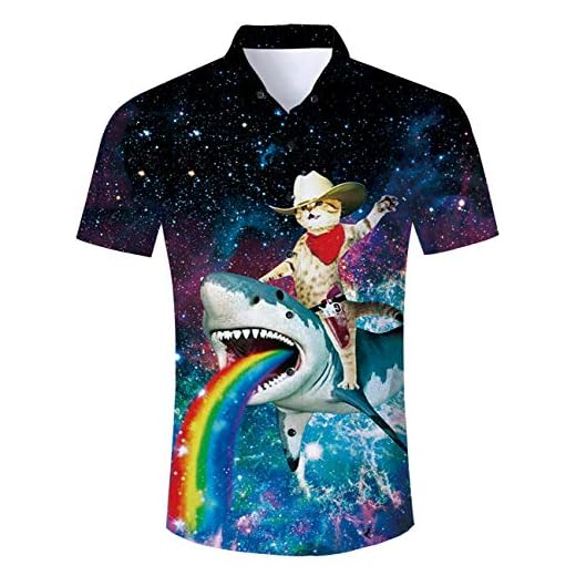 TUONROAD Camiseta Hawaiano para Hombre Gato Tiburón 3D Shirt Manga Corta Casual Tops Camisa XXL
