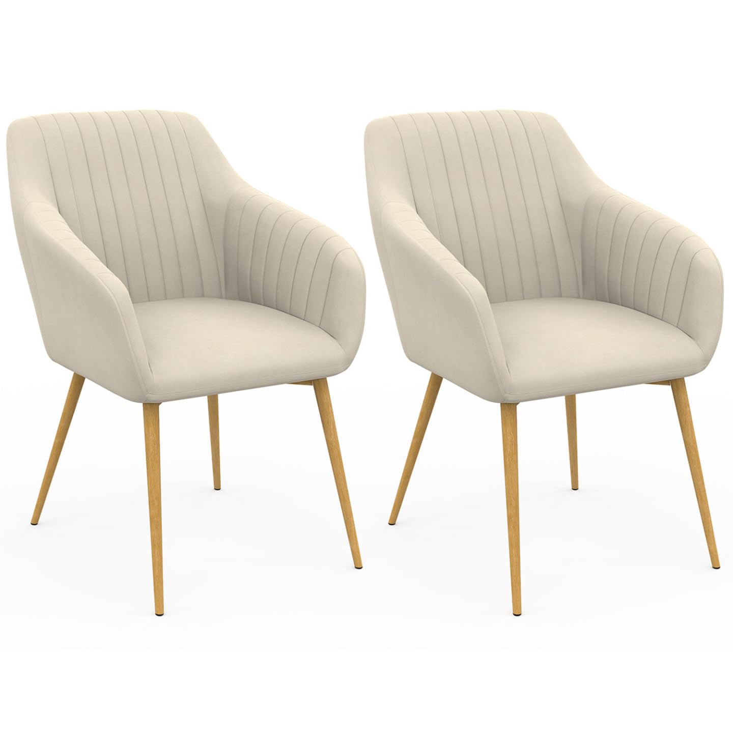 IDMarket – Juego de 2 sillas de comedor, sillones de mesa acolchados, línea de terciopelo beige, patas efecto madera