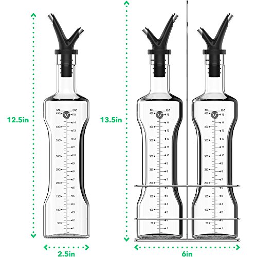 Vremi 17 oz Olive Oil and Vinegar Dispenser Set - Clear Glass Cruet Bottles for Cooking with No Drip Double Pourer Spout Stoppers and Stainless Steel Holder Stand - Kitchen Dispensing Cruets - Black
