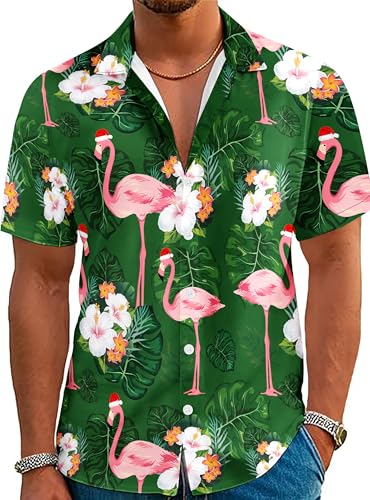 YZMI Christmas Hawaiian Shirt Men Short Sleeve Flamingo Floral Graphic Top Summer Holiday Beach Button Down Tshirt Green S