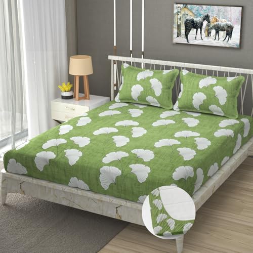 Image of Premium Heavy Cotton Elastic Fitted Bedsheets with 2 King Size Pillow Covers | Double Bed with All Around Elastic 350 TC | 72 x 78 x 10 Inch King Size Fitted | :- Green Jhaad