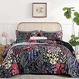 Xruibed Floral Quilt Sets Queen Size Black 3 Pieces Bedspread Bedding Set Soft and Cozy Microfiber Lightweight Quilt Flower Bed Coverlet Sets for All Season(Queen 96
