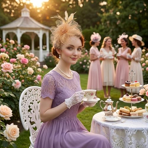 Image of DRESHOW Fascinators Hat Flower Mesh Ribbons Feathers on a Headband and a Clip Tea Party Headwear for Girls and Women