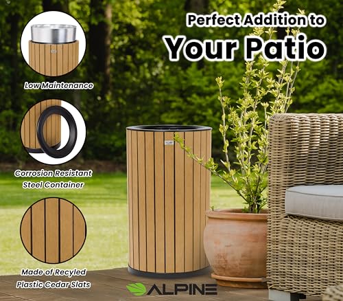 Image of Alpine 32 Gallon Commercial Outdoor Trash Can - Heavy Duty Garbage Can Outdoor, Industrial Open Top Trash Can with Plastic Panels for Patio, Parks, Trails, Resorts (Flat Lid - Cedar)