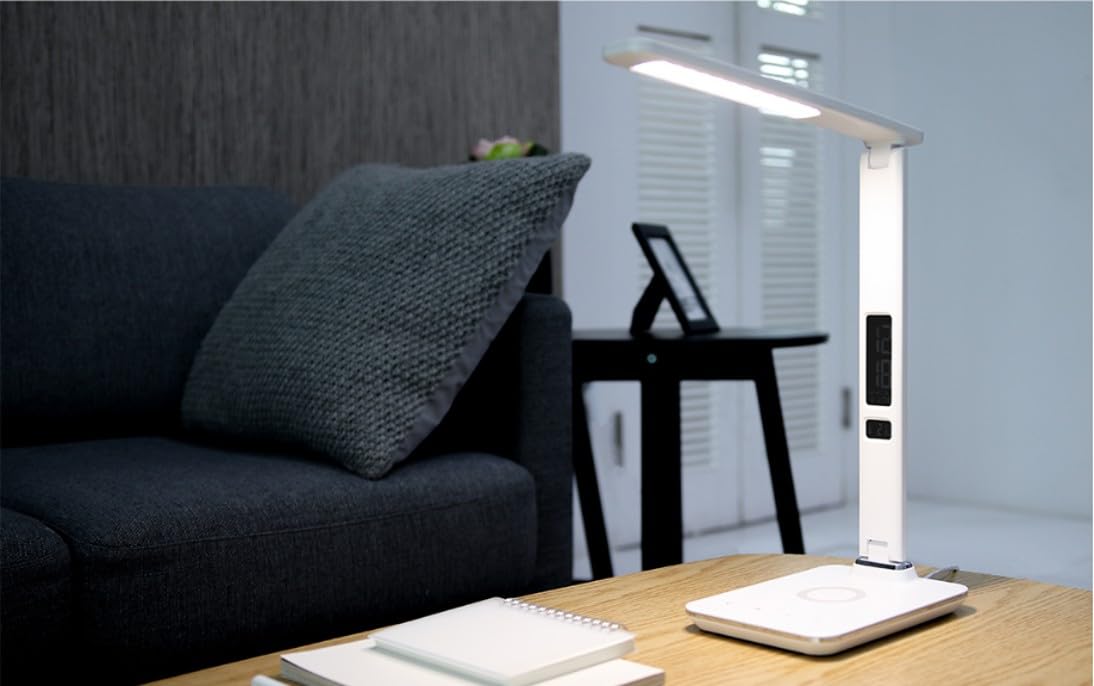IMMAX KINGFISHER Qi biała lampa stołowa LED z bezprzewodowym ładowaniem Qi i USB