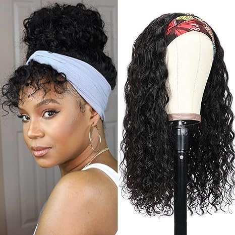 Image of Punmasa Deep Wave Headband Wig Human Hair 16 Inches Glueless None Lace Front Wigs Machine Made 150% Density Natural Color Human Hair Wigs for Women