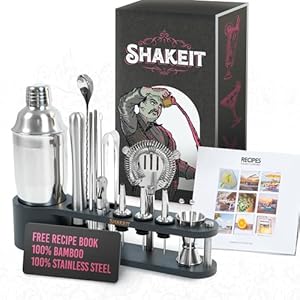 SHAKEIT 17-Piece Stainless Steel Bartender Kit with Bamboo Stand, Craft The Perfect Cocktails with Our Cocktail Shaker Set, Jigger, Muddler, Strainer, Mixing Spoon, and Accessories