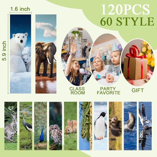 300 Animal Bookmarks for Kids - 60 Cool Wildlife Designs, Double-Sided Gifts for Students and Book Lovers