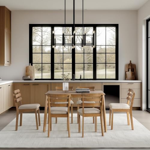 Image of Dining Table Set for 6, Wooden Farmhouse Table, 6 Upholstered Chairs