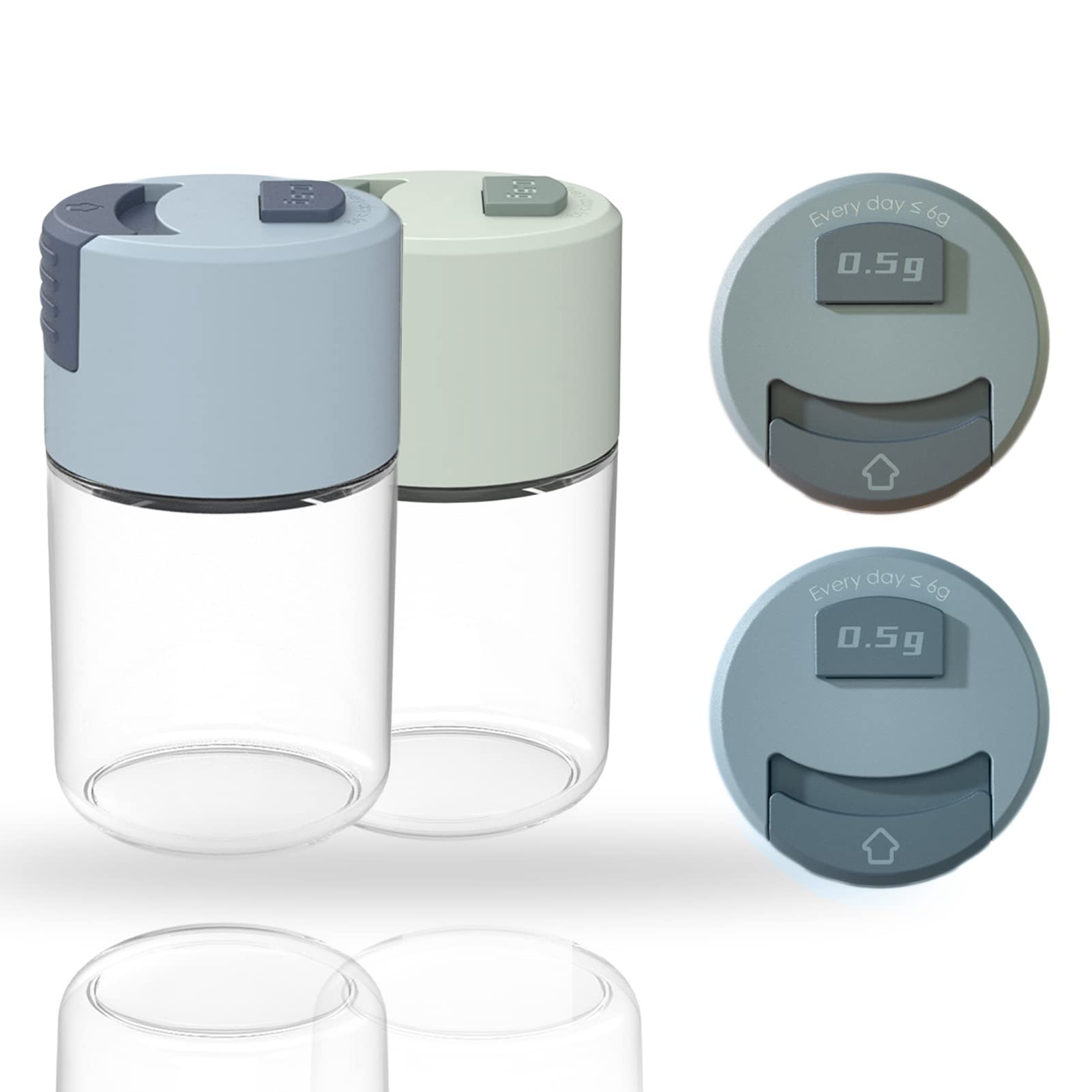 Measuring Seasoning Bottle 2 Pack, Salt Pepper Shaker Set, Kitchen Must have, Glass Metering Spice Salt Paprika Pepper Cumin Powder Sugar Dispenser (2pcs Green+Bule)