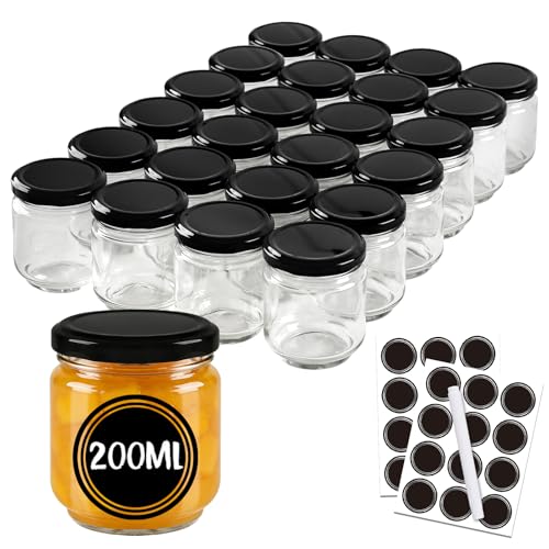 BLIENKREBY Lot de 24 Pots à Confiture de 200ml avec Couvercl, Petit Pot en Verre avec Couvercle avec Étiquettes et Marqueur,Lavables en Machine,Bocaux à...