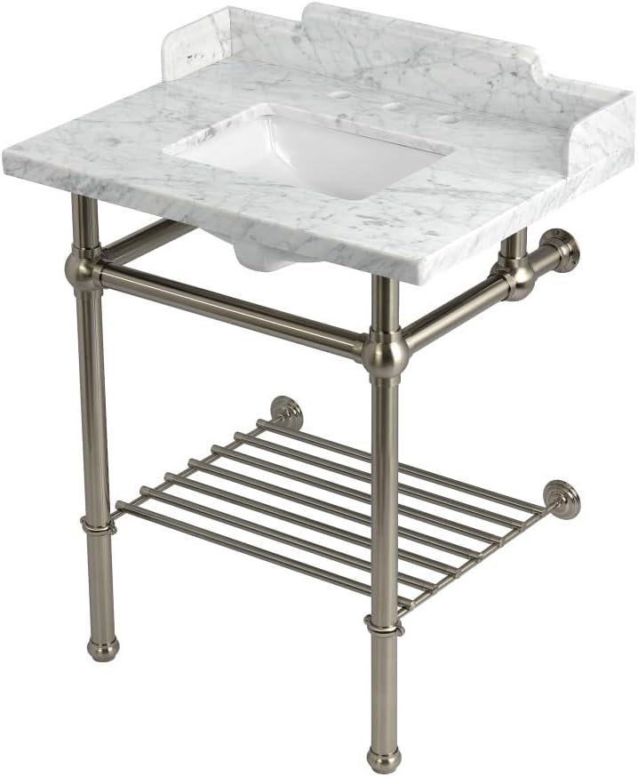 Kingston Brass LMS30MBSQB1 Pemberton 30" Console Sink with Brass Legs (8-Inch, 3 Hole), Marble White/Polished Chrome