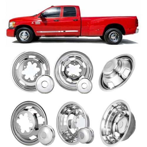 Image of 4pcs 17 inch Protective Polished Stainless Steel Dually Wheel Simulators, Waterproof Screw On Wheel Cover with Removable Centre Cap, 8 Lug Hubcaps Kits Fit for 03-18 Dodge Ram 3500 708DR