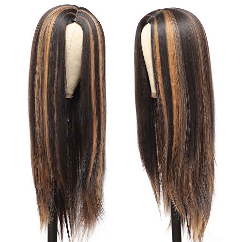 Long Straight Highlight Wigs Brown Blonde Mixed Wigs for Women Natural Looking Middle Part Synthetic Hair Wigs Blonde Highlights Full Wigs Daily Party(Brown Mixed Blonde)