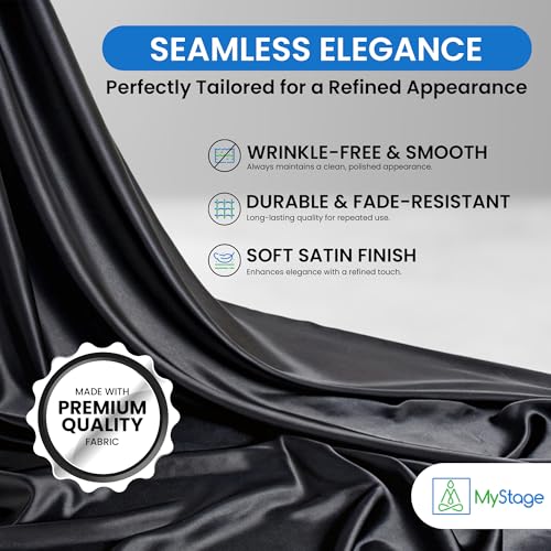 16’ x 28” MyStage Portable Stage Skirt - Black Satin Fabric Adhesive for Events, Performances, & Wedding Staging, High-Quality Wrinkle-Free Platform Skirting Cloth - (Black)