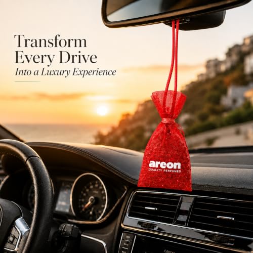 Image of AREON Pearls Strawberry Car Air Freshener - Hanging Odor Eliminator for Car Home Office - Long Lasting Quality Perfume Fragrance Beads - Fresh Fruity Strawberry Scent Air Freshener (Pack of 3)