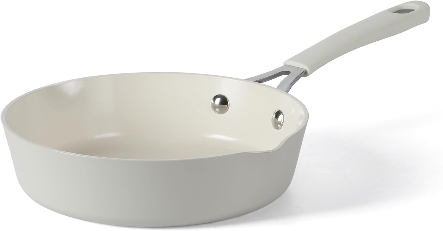 Martha Stewart Heathland 8 Inch Aluminum Fry Pan Cookware Non-Toxic Premium Ceramic Non Stick Frying Pan, Kitchen Egg Pan, Omelet Pan, Always Pan, Pots and Pans, Linen White, Induction Safe Frying Pan (8-Inches) Linen White