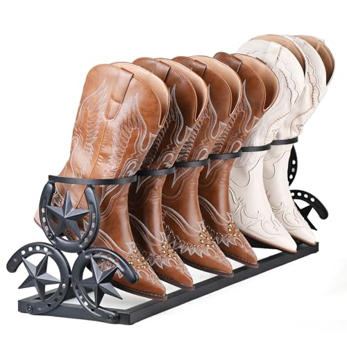 HYDERMUS Western Horseshoe Boot Rack, Freestanding Metal Boot Stand for 3 Pairs, Adjustable Cowboy Boot Organizer with Texas Star Ends for Entryway or Mudroom, Gift for Cowboy Boot Lovers, Black