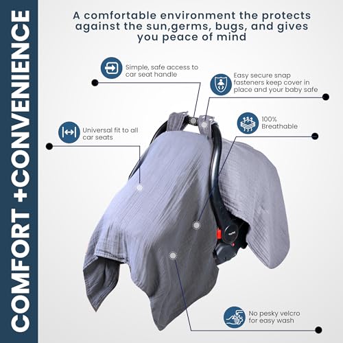Image of EDEN BLISS Muslin Baby Car Seat Cover- 100% Cotton - 120x120cm Infant - Lightweight Infant Canopy, Universal Fit Baby Carrier Cover & Nursing Privacy Cover