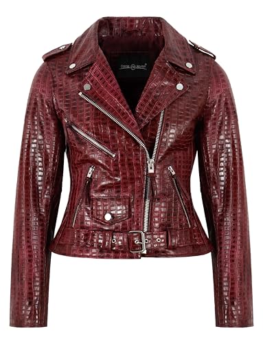 Veste motarde en cuir femme rouge Brando blouson vachette véritable crocodile