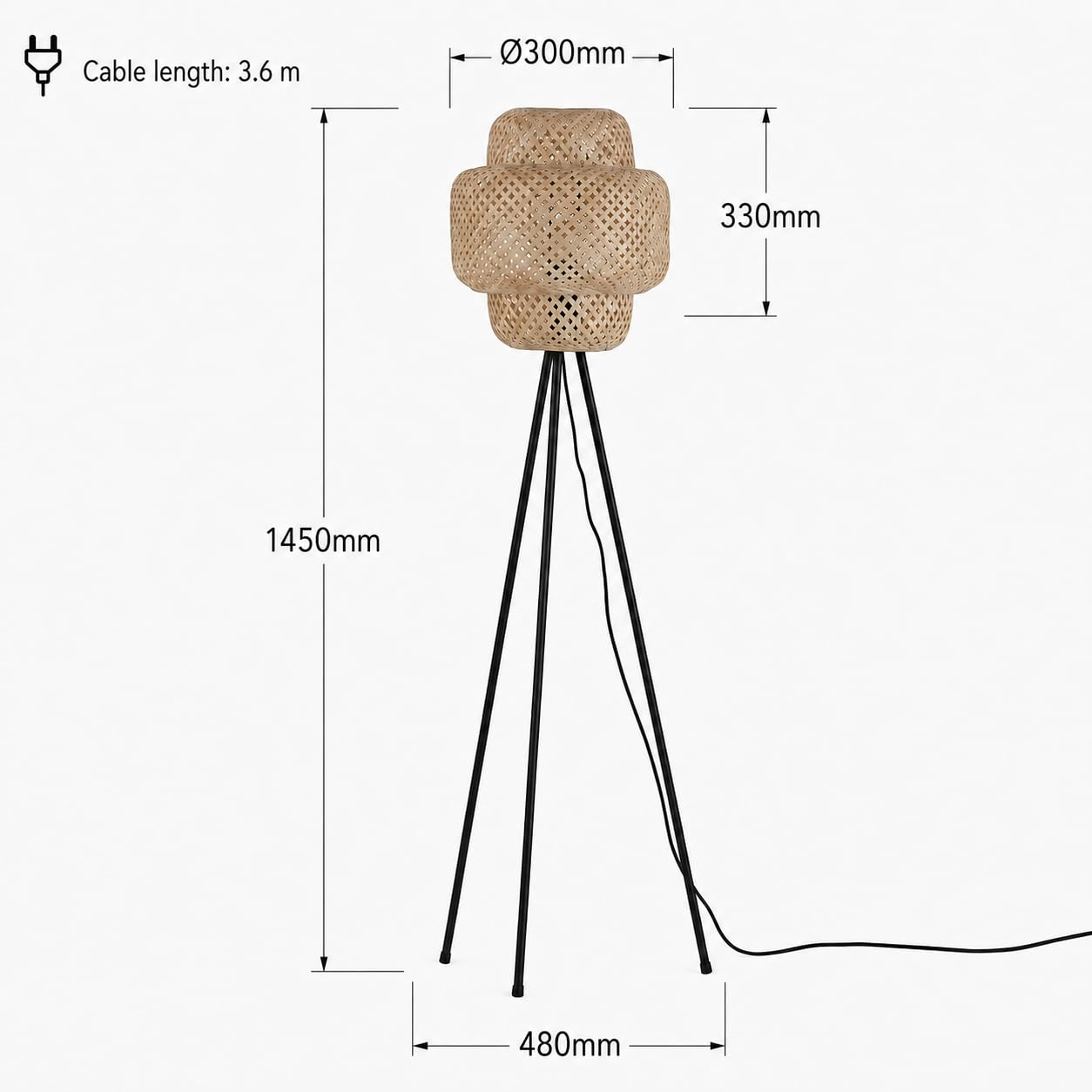 Alpinaluz Lámpara de Pie Trípode E27 Mimbre Natural Base Negra | Pantalla tejida a mano Ø30 cm y estructura metálica negra, estilo boho rústico para salón, dormitorio y lectura