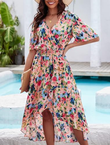 Image of Kormei Women Short Sleeve V Neck Floral High Low Flowy Summer Party Long Maxi Dress